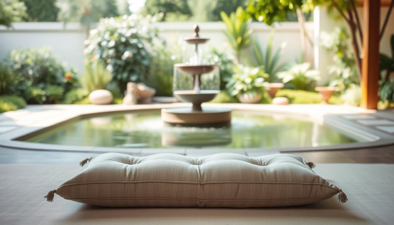 Luxury outdoor relaxation space with a plush cushion, tranquil pond, decorative fountain, and lush greenery for stress relief and mindfulness.