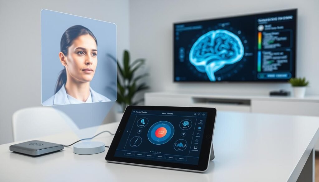 A-bright-well-lit-room-with-modern-sleek-AI-powered-therapy-tools-arranged-on-a-clean-1024x585 AI's Role in Improving Mental Wellbeing