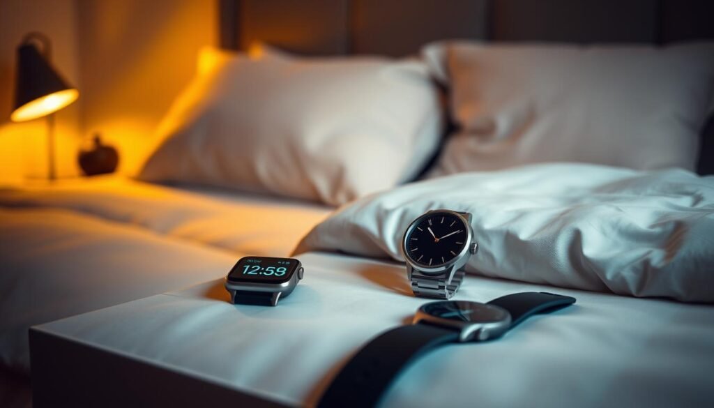 A-cozy-bedroom-interior-dimly-lit-with-warm-yellow-lighting.-On-a-bedside-table-a-sleek-1024x585 Discover the Benefits of Sleep Tracking Tech