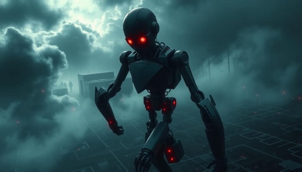 A-dark-and-ominous-scene-depicting-the-ethical-challenges-of-AI.-In-the-foreground-a-towering--1024x585 AI Empowering Mental Health Accessibility