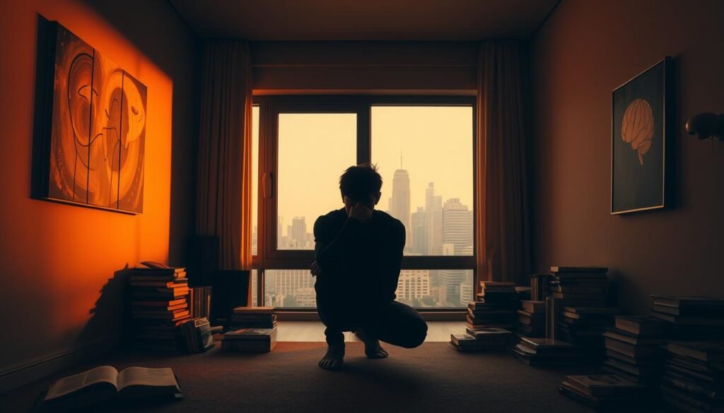 A-dimly-lit-room-the-walls-adorned-with-abstract-artwork-and-scattered-books-on-psychology.-In-1024x585 Revolutionize Your Wellbeing with Virtual AI Therapy