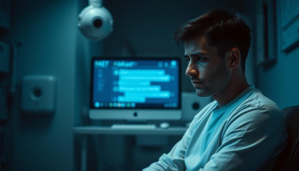 A-medical-office-with-a-downcast-patient-sitting-alone-surrounded-by-a-dimly-lit-sterile-1024x585 AI Therapy Chatbots: Your Digital Mental Health Companion