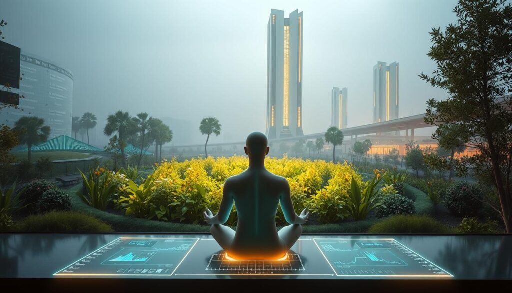 A-serene-futuristic-landscape-depicts-the-harmonious-integration-of-AI-and-mindfulness.-In-the-1024x585 Discover the Leading AI Mindfulness Tools for Well-Being