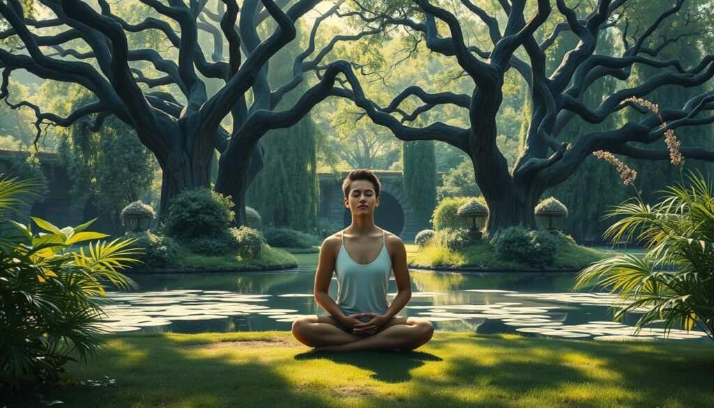 A-serene-garden-oasis-bathed-in-soft-diffused-light.-In-the-foreground-a-person-sits-1024x585 AI and Mindfulness: Finding Balance in the Tech Era