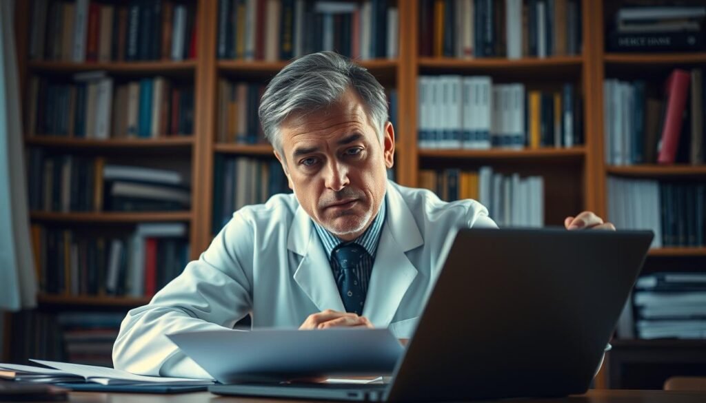 A-thoughtful-pensive-mental-health-researcher-sits-at-a-desk-meticulously-analyzing-data-and--1024x585 Mental Health Innovation: Transforming Care