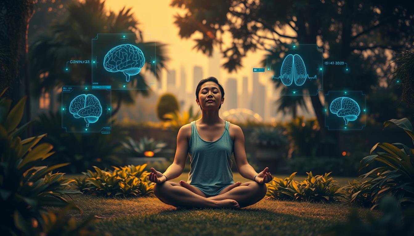 A tranquil garden oasis, illuminated by warm, diffused lighting. In the foreground, a person sits cross-legged, eyes closed, immersed in deep meditation. Their expression is serene, their posture relaxed. Surrounding them, holographic AI interfaces float in the air, displaying visualizations of brainwave patterns and biometric data. The middle ground features lush, verdant foliage, creating a sense of natural harmony. In the background, a futuristic city skyline can be seen, hinting at the integration of advanced technology with the ancient practice of mindfulness. The overall atmosphere is one of calm, focus, and the seamless blending of the physical and digital realms.