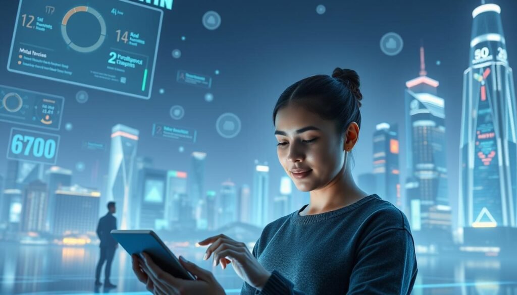 A-bustling-digital-landscape-with-floating-holographic-interfaces-pulsing-data-visualizations-1024x585 Top Mental Health Apps Powered by AI