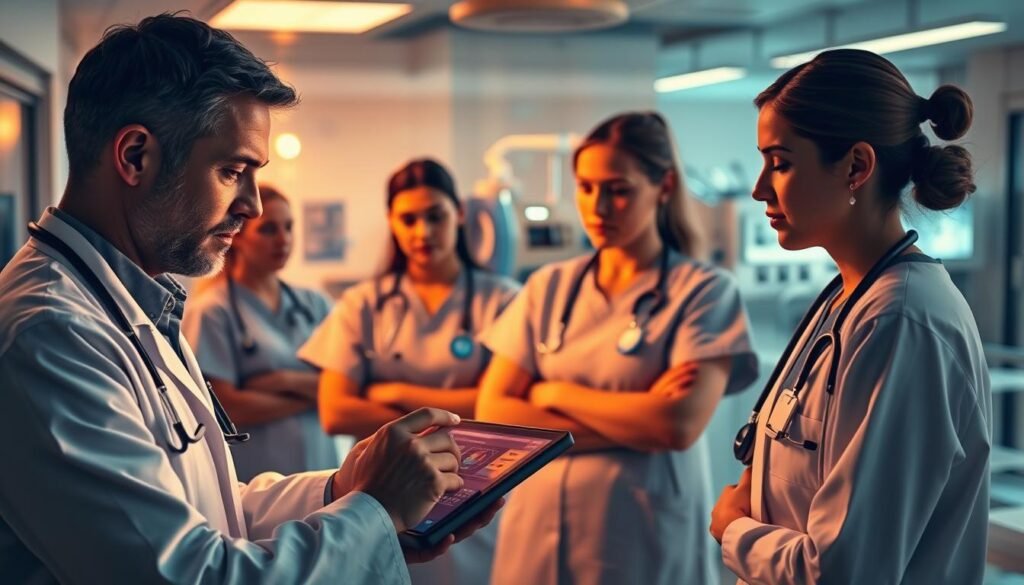 A-bustling-hospital-setting-with-a-team-of-clinicians-collaborating-seamlessly-around-a-1024x585 Can AI Help Reduce Clinician Burnout?