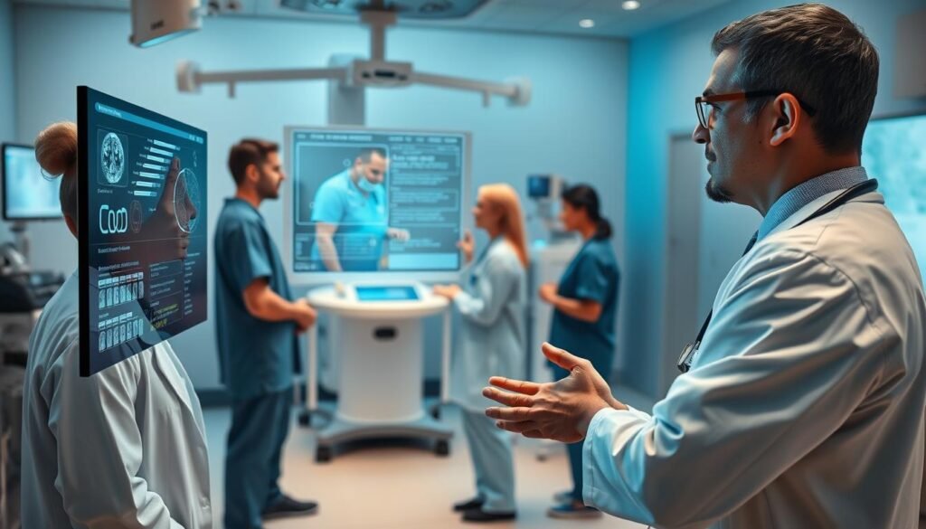 A-clinical-setting-with-healthcare-professionals-interacting-with-an-AI-powered-decision-1024x585 Can AI Help Reduce Clinician Burnout?
