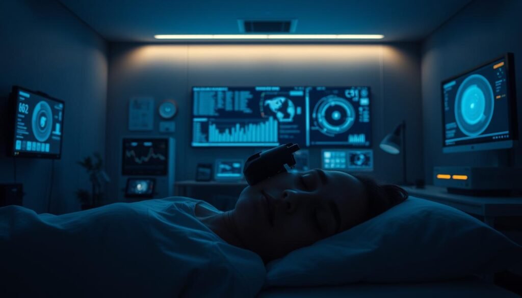 A-dimly-lit-modern-sleep-diagnostics-lab.-In-the-foreground-a-patient-rests-peacefully-their-1024x585 Unlock Better Sleep with AI: AI for better sleep