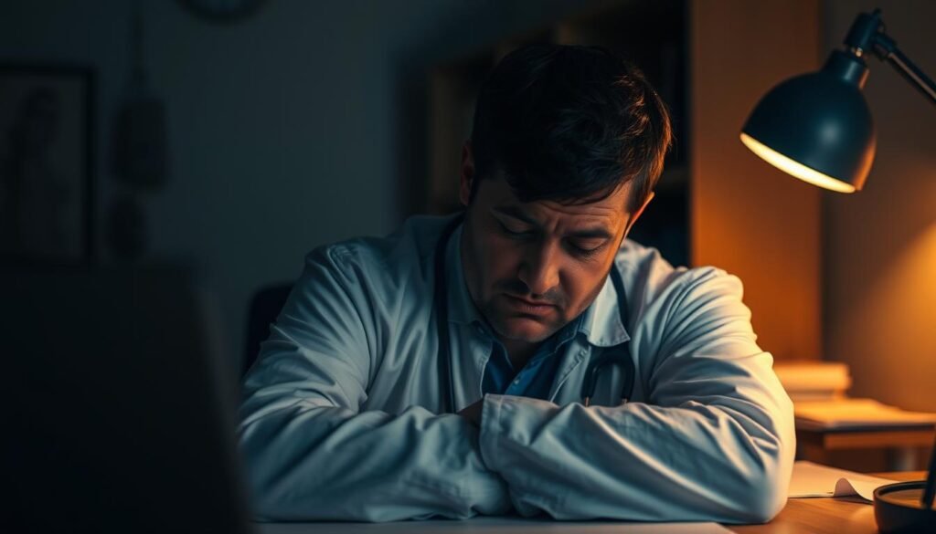 A-lone-clinician-exhausted-and-overwhelmed-slumps-at-their-desk-in-a-dimly-lit-office.-Faint--1024x585 Can AI Help Reduce Clinician Burnout?