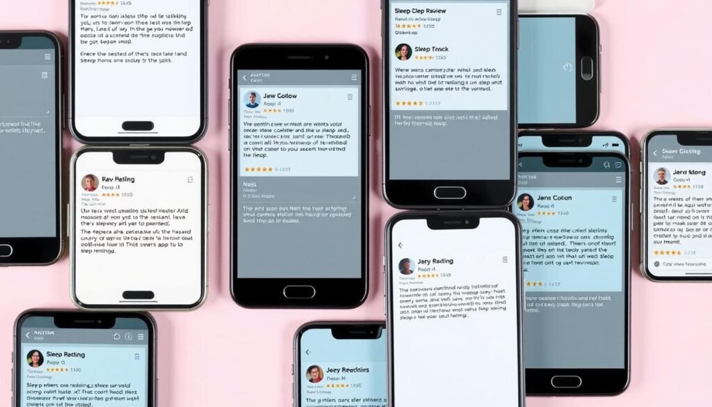 A-neatly-arranged-grid-of-smartphone-screens-displaying-a-variety-of-user-reviews-for-1024x585 Top Smart Sleep Apps to Improve Your Sleep