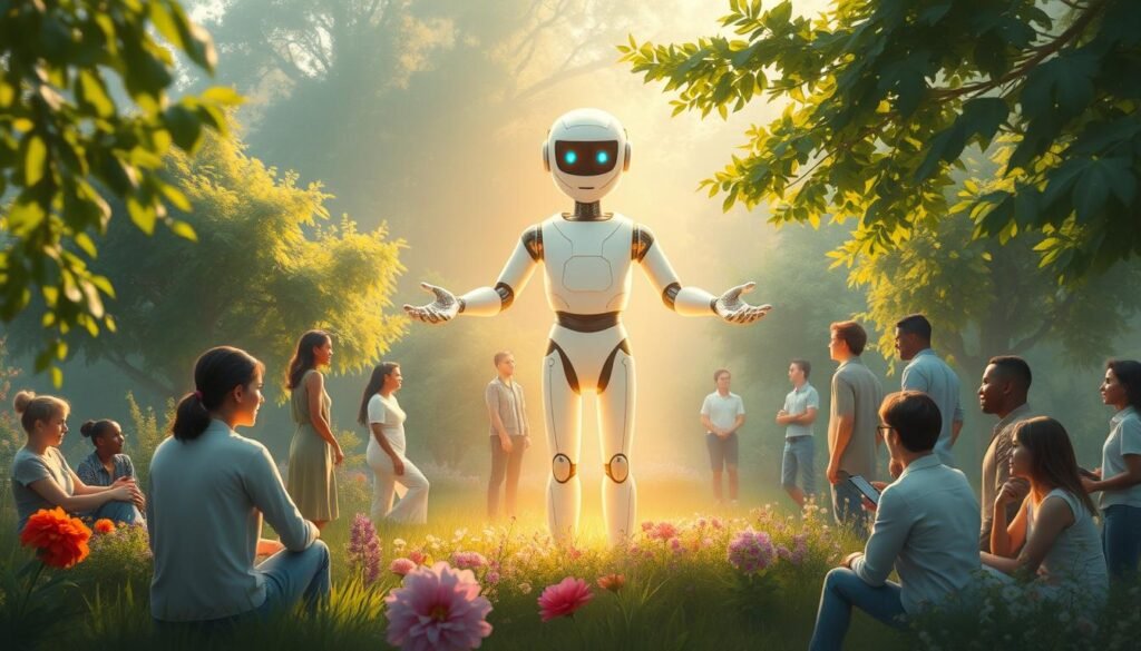 A-peaceful-garden-scene-with-a-large-futuristic-looking-AI-assistant-figure-standing-in-the-1024x585 How can AI-powered apps improve my mental well-being?