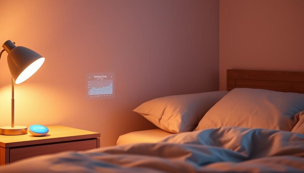 A-serene-bedroom-bathed-in-soft-warm-lighting.-On-the-nightstand-a-small-holographic-1024x585 Harness the Power of AI for Better Sleep and Less Stress