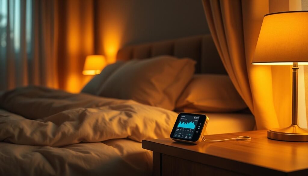 A-serene-bedroom-bathed-in-warm-golden-light.-On-the-nightstand-a-sleep-tracker-device-1024x585 Unlock Better Sleep with AI: AI for better sleep