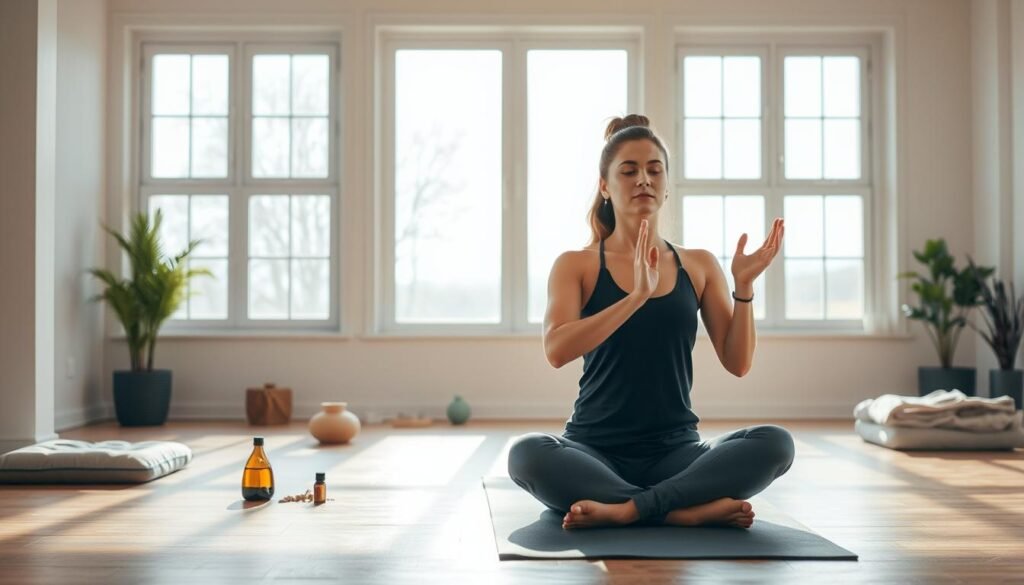 A-serene-well-lit-indoor-studio-setting.-In-the-foreground-a-person-sitting-on-a-yoga-mat-1024x585 Stress-Busting Apps: Manage Anxiety with These Tools