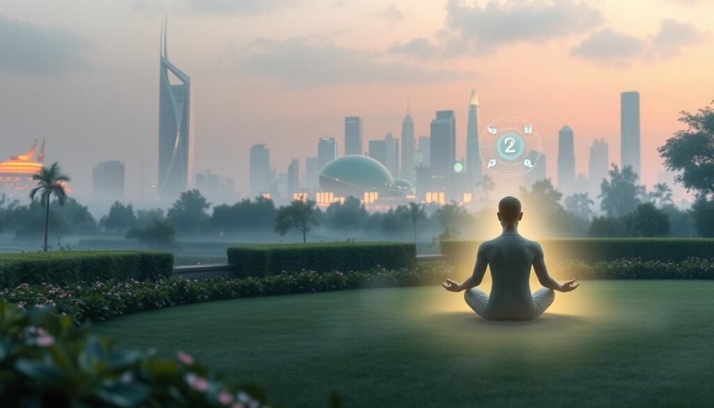 Serene-landscape-of-a-tranquil-garden-with-a-meditating-figure-seated-in-the-foreground-1024x585 Unlock the Power of AI for Mindful Living