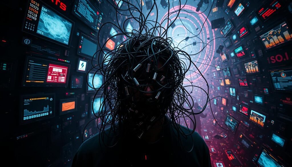 A-chaotic-digital-landscape-overflowing-with-an-array-of-glowing-screens-pulsing-data-1024x585 Mindful Tech: Harnessing Technology for a Calmer Life