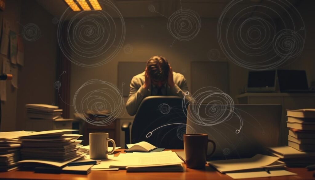 A-dimly-lit-office-the-air-thick-with-tension.-In-the-foreground-a-desk-cluttered-with-1024x585 AI-Powered Stress Relief: Discover Effective Techniques