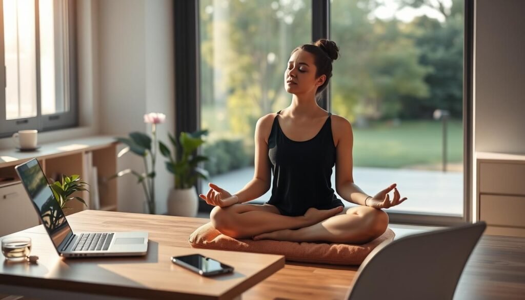 A-peaceful-home-office-scene-bathed-in-soft-natural-light.-In-the-foreground-a-person-sits-1024x585 Mindful Tech: Harnessing Technology for a Calmer Life
