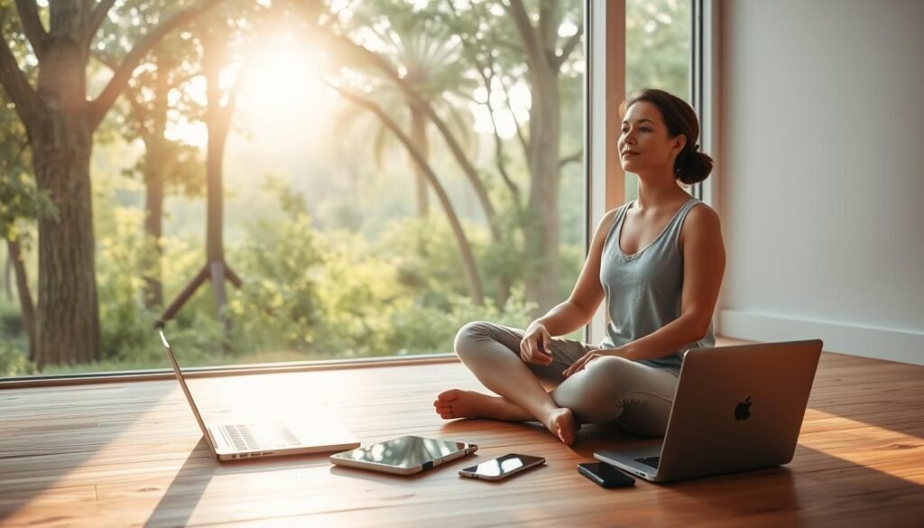 A-peaceful-thoughtful-individual-sits-cross-legged-on-a-wooden-floor-surrounded-by-serene-1024x585 Mindfulness Meets Technology: Achieving Harmony
