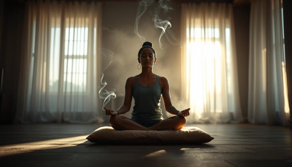 A-serene-dimly-lit-room-with-soft-warm-lighting.-In-the-center-a-person-sits-cross-legged-on-1024x585 AI-Powered Stress Relief: Discover Effective Techniques