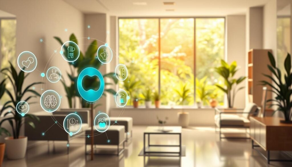A-serene-medical-clinic-surrounded-by-lush-greenery-with-an-AI-powered-holographic-display-in--1024x585 The Role of AI in Improving Mental Health