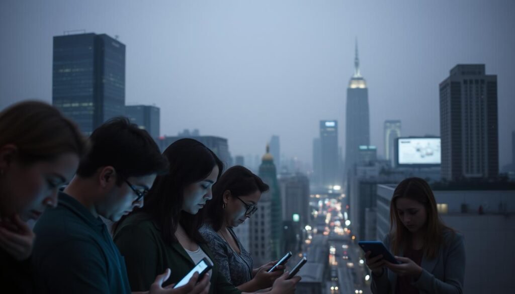 A-serene-yet-pensive-cityscape-with-skyscrapers-and-bustling-streets-below.-In-the-foreground-1024x585 Can Technology Really Make You More Mindful?
