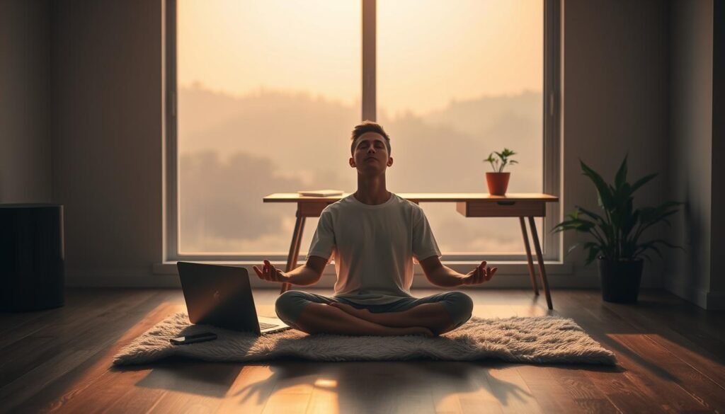 A-tranquil-minimalist-workspace-bathed-in-warm-soft-lighting.-In-the-foreground-a-person-1024x585 Mindfulness Meets Technology: Achieving Harmony